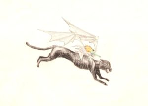 A girl riding a winged cat
