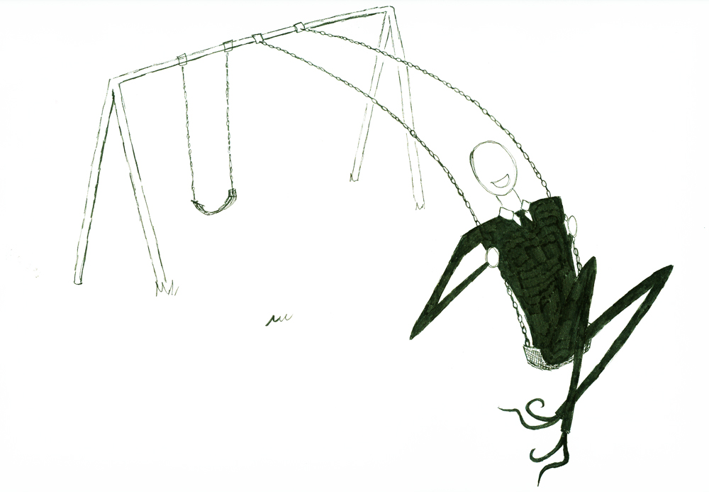 Cartoon of Slenderman riding a swing